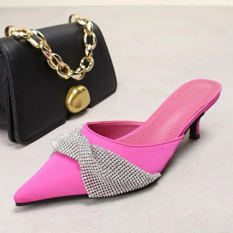 Pink Kitten Heels Pointed Toe Rhinestone Pleated Strap Mules |FSJ Shoes