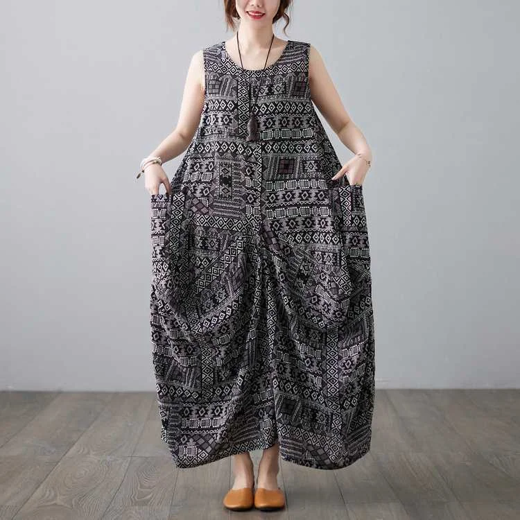 Vintage Ethnic Print Loose Sleeveless Midi Dress