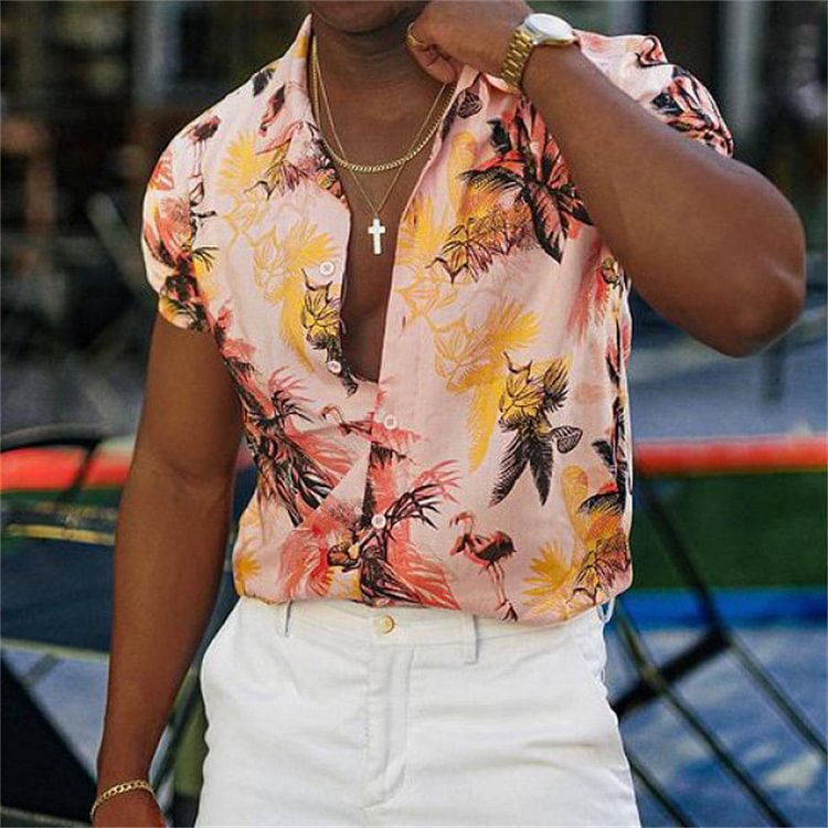 Men's Floral Print cotton linen short sleeved shirt