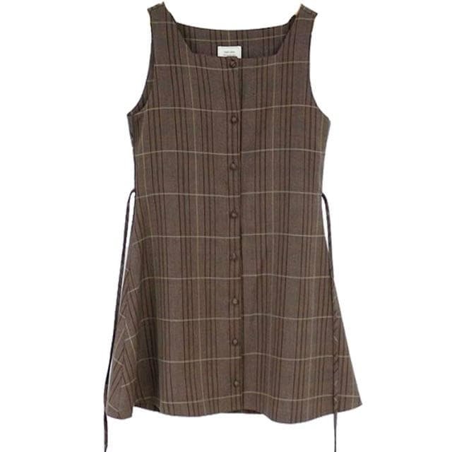 Vintage Cute Sleeveless Vest Plaid Button Dress Shirt SP15777