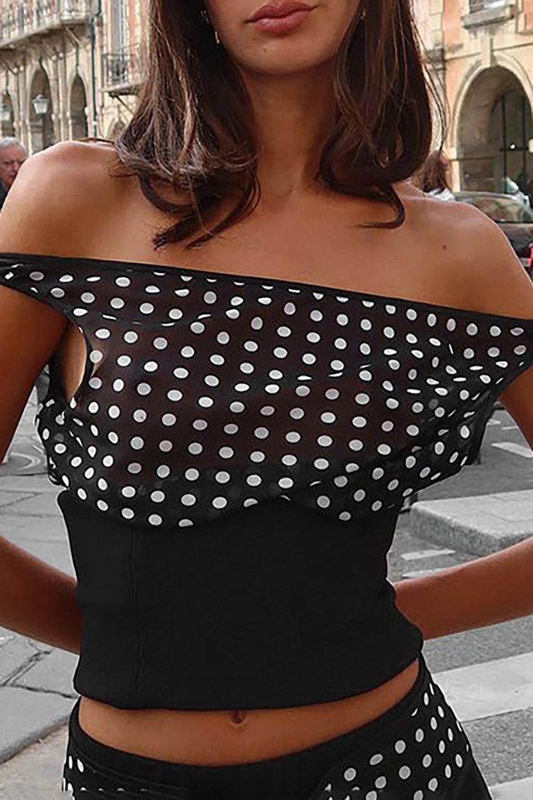 Sleeveless Polka Dot Print Cinch Waist V-Shaped Backless Crop Top-Black