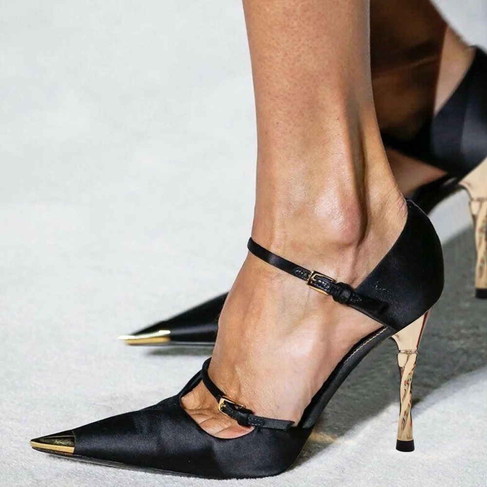 Black Satin Pointed Toe 4'' Decorative Heel Buckle Strap Pumps Shoes Nicepairs