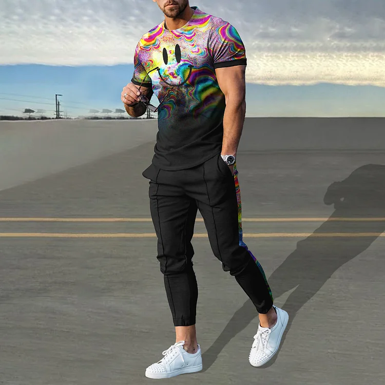 BrosWear Fashion Laser Gradient Smiley Face T-Shirt And Pants Co-Ord