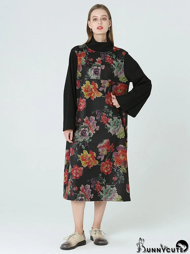 Plus Size Floral Prints Turtleneck Long Sleeve Spring Winter Dress M-2XL