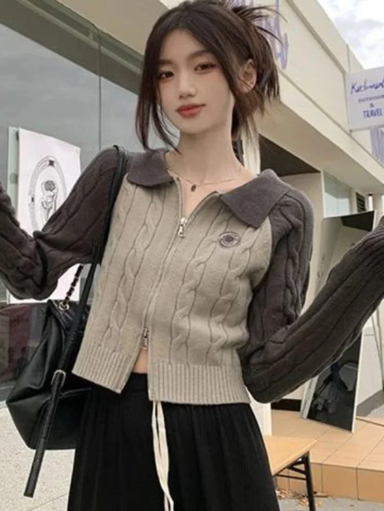 Tlbang Contrast Color Knitted Cardigan Slim Double Zipper Basic Cropped Y2k Aesthetic Twist Turn Down Collar Top Women