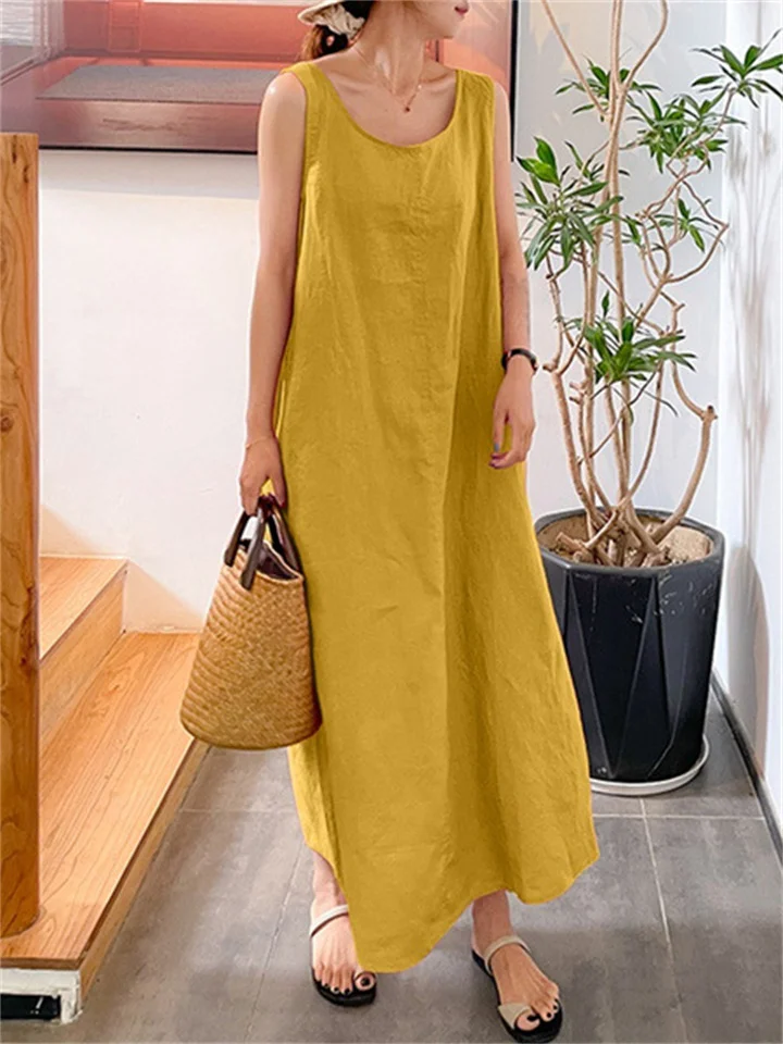 Summer New Long Version of The Halter Cotton Linen Simple Wind Loose Pockets Round Neck Temperament Sleeveless Solid Color Dress Female-JRSEE