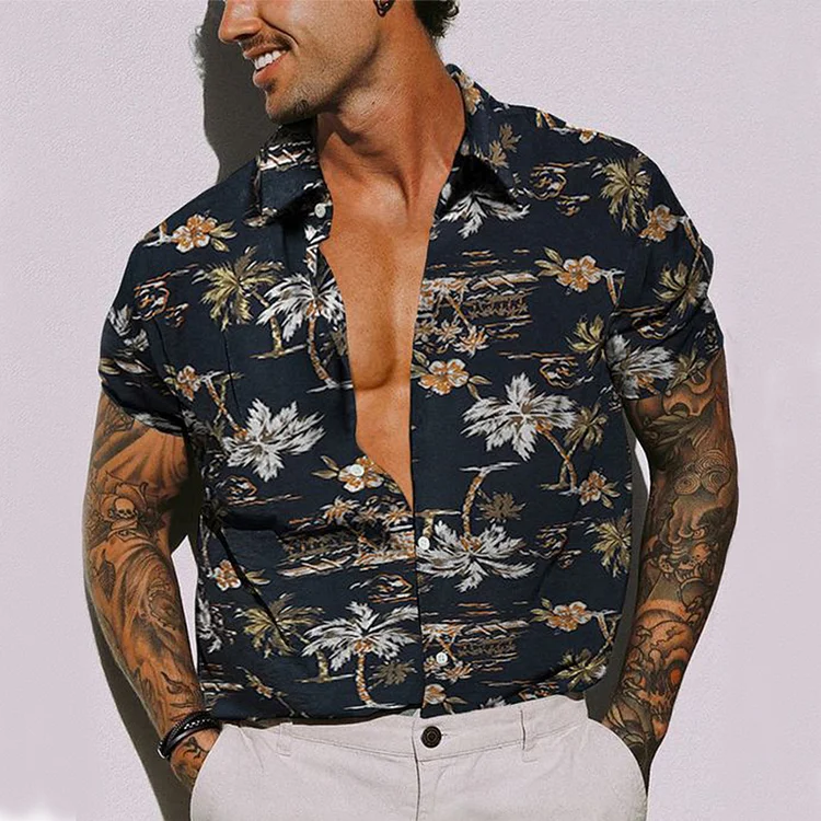 ZUKOC Men's Tropical Coconut Print Short Sleeve Fashion Casual Shirt
