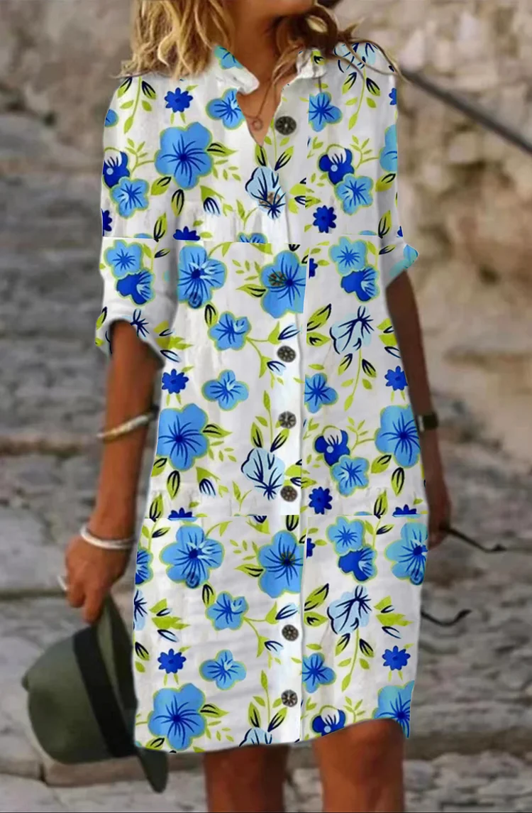Floral Plain Cotton Casual Dress