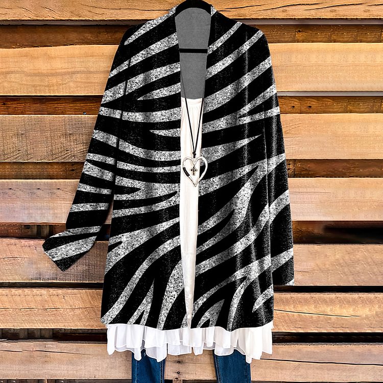 Vefave Casual Sequined Zebra Print Cardigan