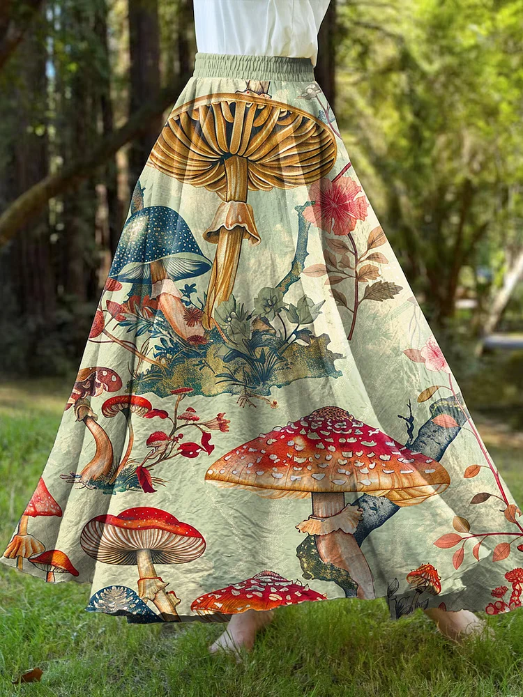 Women's Botanical Mushroom GoblinCore Art Elastic Waist Retro Skirt?