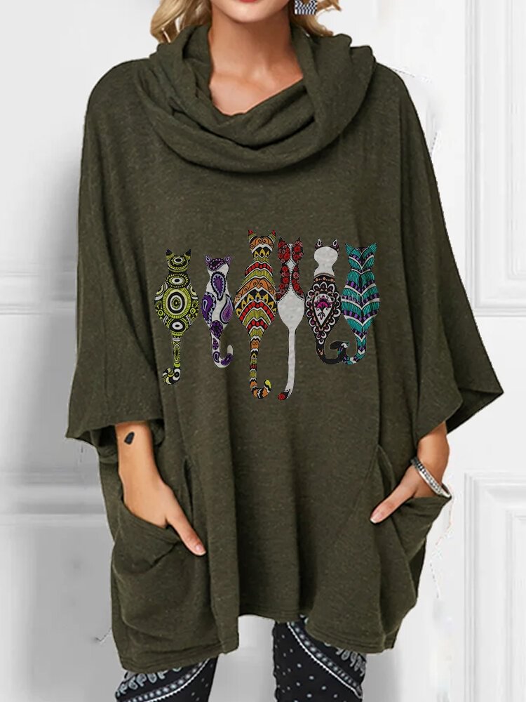 Cartoon Cat Printed Long Sleeve Pile Collar T shirt With Pocket P1722078