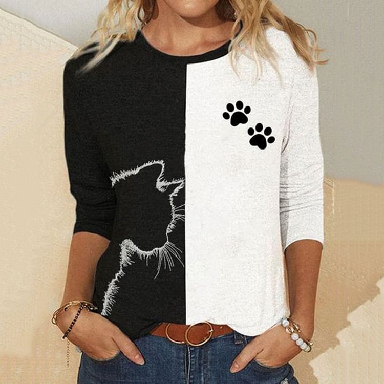 Comstylish Casual Cartoon Cat Black and White Printed T-Shirt