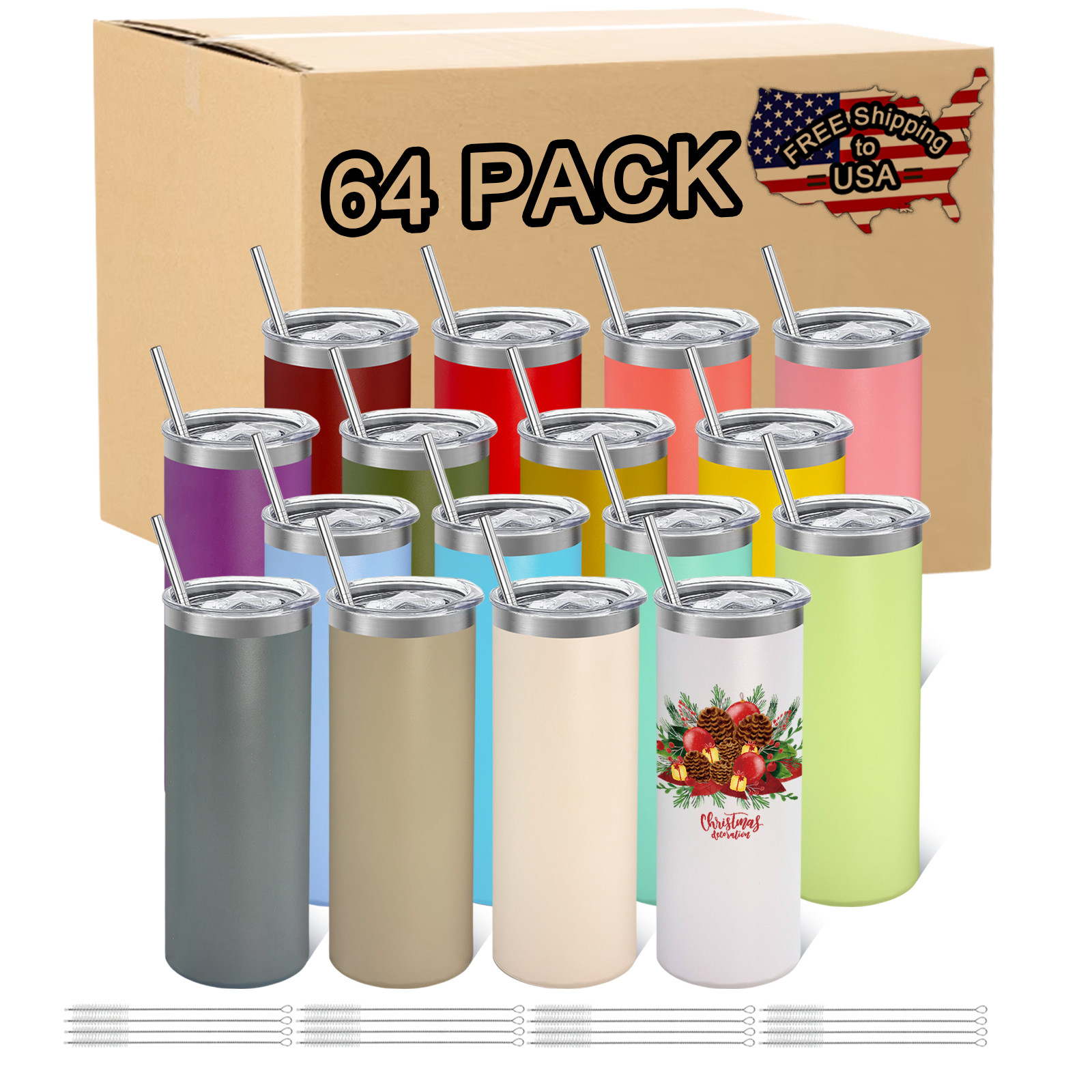64 Pack Stainless Steel Skinny Tumblers Bulk, 20oz Straight Double Wall  Insulated Tumbler with Lid and Straw, Powder Coated for Laser Engraving, 16  ...