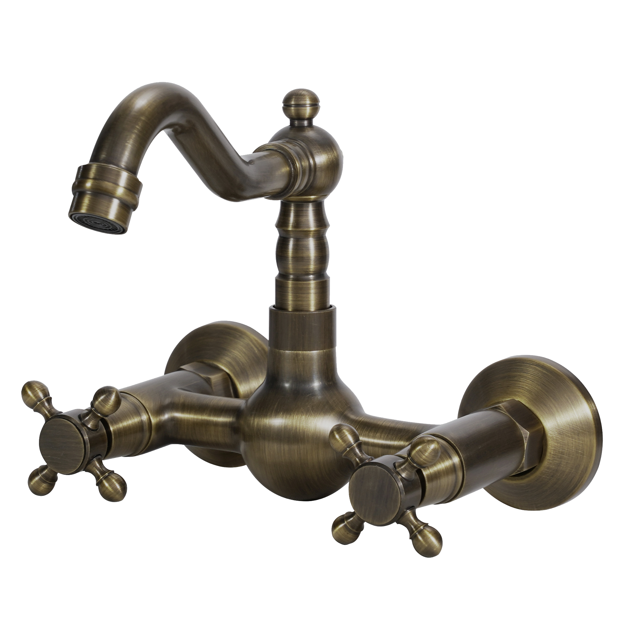 British Vintage Style Double Handle Wall Mounted Bathroom Faucet in Brushed Antique Brass Drain Not Included