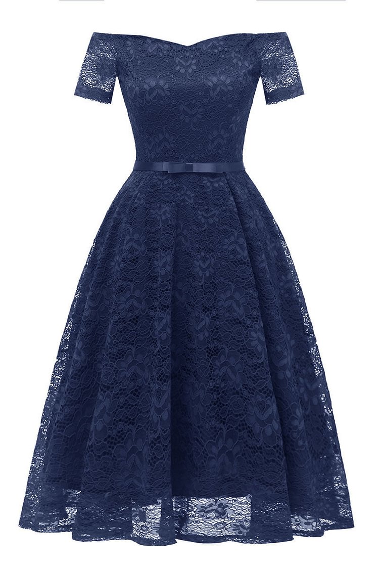 Dark Navy Off-the-shoulder Lace Prom Dress With Sleeves - Life is Beautiful for You - SheChoic