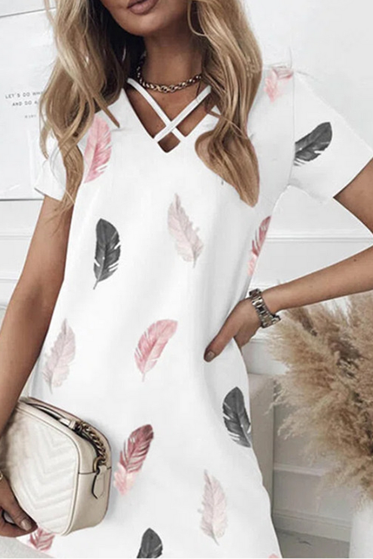 Casual Print Hollowed Out V Neck Straight Dresses - Life is Beautiful for You - SheChoic