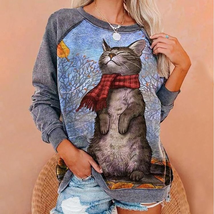 Sale Women Cartoon Tops Casual Cute Cat Printed T-shirt Long Sleeve Round Neck Ladies Classic Tees Fashion Female Shirt D30 - BlackFridayBuys