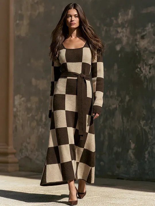 Women's Square-Neck Checkerboard Knit Maxi Dress With Tie-Waist MD
