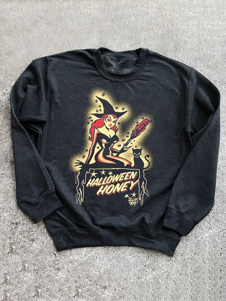 Men's Halloween Honey Magic Witch Black Cat Graphic Print Sweatshirt