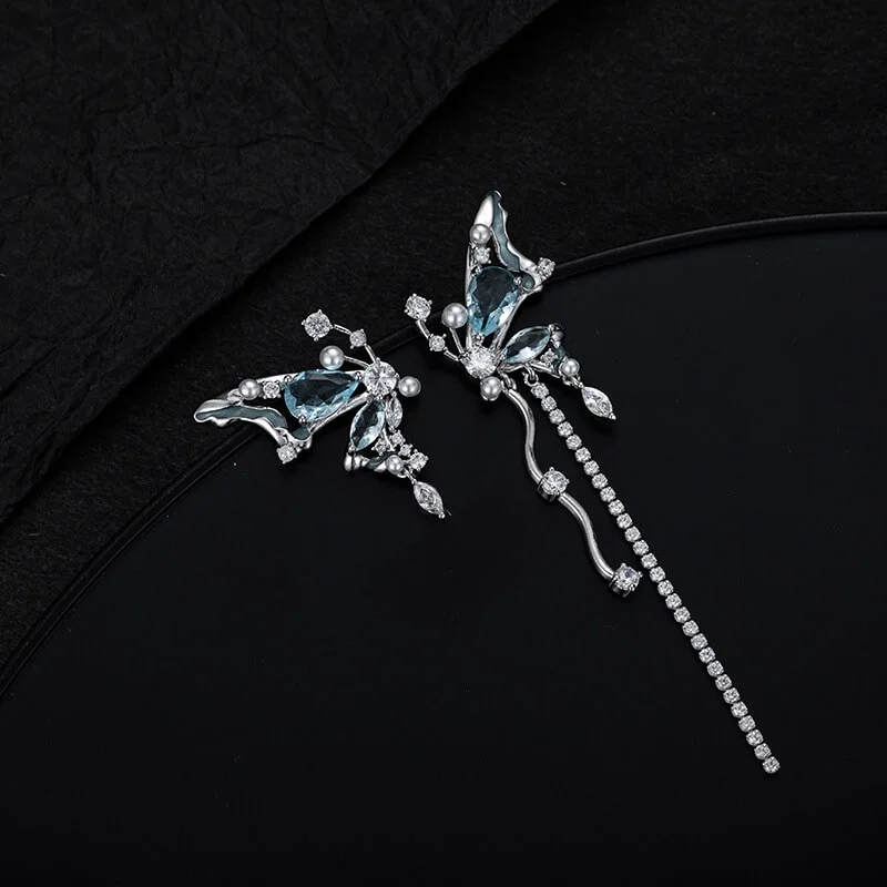 MeWaii® Sterling Silver Earring Sterling Silver Necklace Asymmetric Butterfly Fringe And Blue Zircons Earrings Copper Jewelry Copper Earring And Necklace
