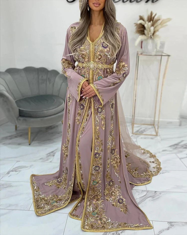 Women's V-Neck Long Sleeve Embroidered Robe Dress