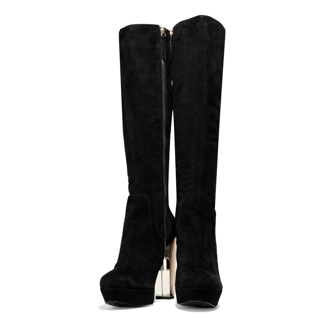 Black Suede Boots Platform Chunky Heel Knee High BootsFSJshoes
