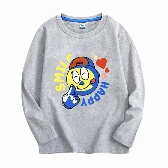 【18M-11Y】Adorable Long Sleeve T-Shirt With "SMILE, HAPPY" Design For Kids