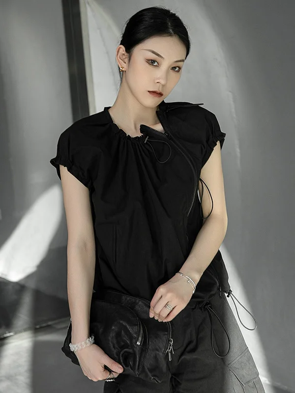 Stylish Black&White Drawstring Pleated Zipper Cap Sleeve Shirts