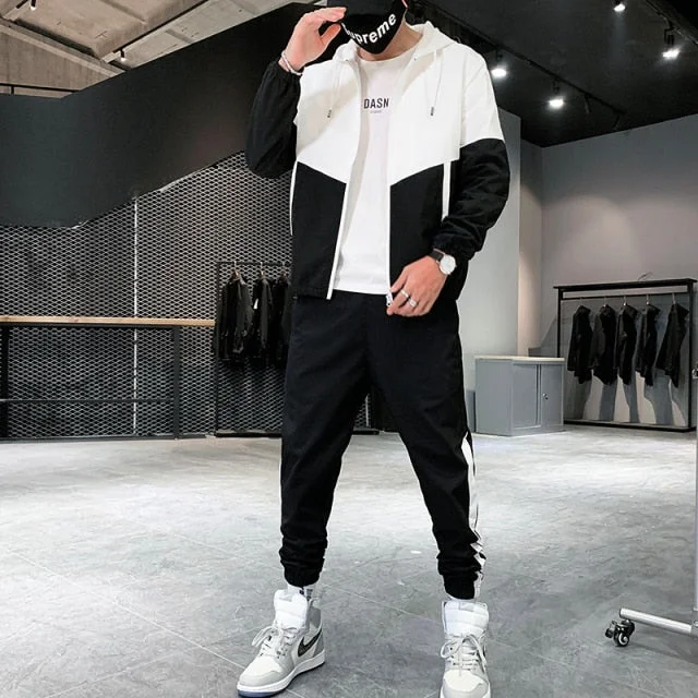 Patchwork Hip Hop Casual Men's Sets 2022 Korean Style 2 Piece Sets Clothes Men Streetwear Fitness Male Tracksuit