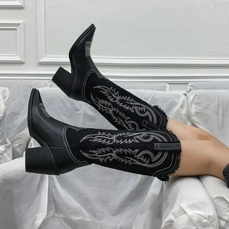 VCSHOES Leather Patchwork Chunky Heel Cowboy Boots
