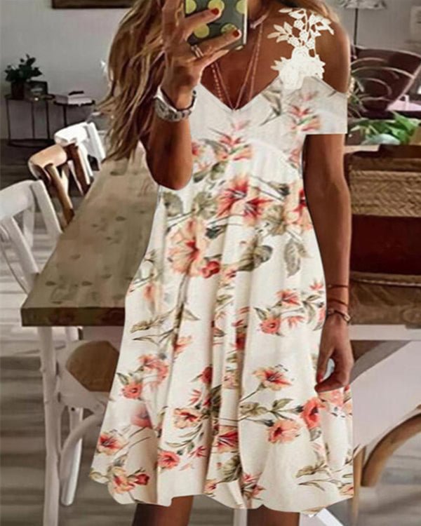 Printed V-Neck Lace Off-the-Shoulder Sexy Dress - Chicaggo