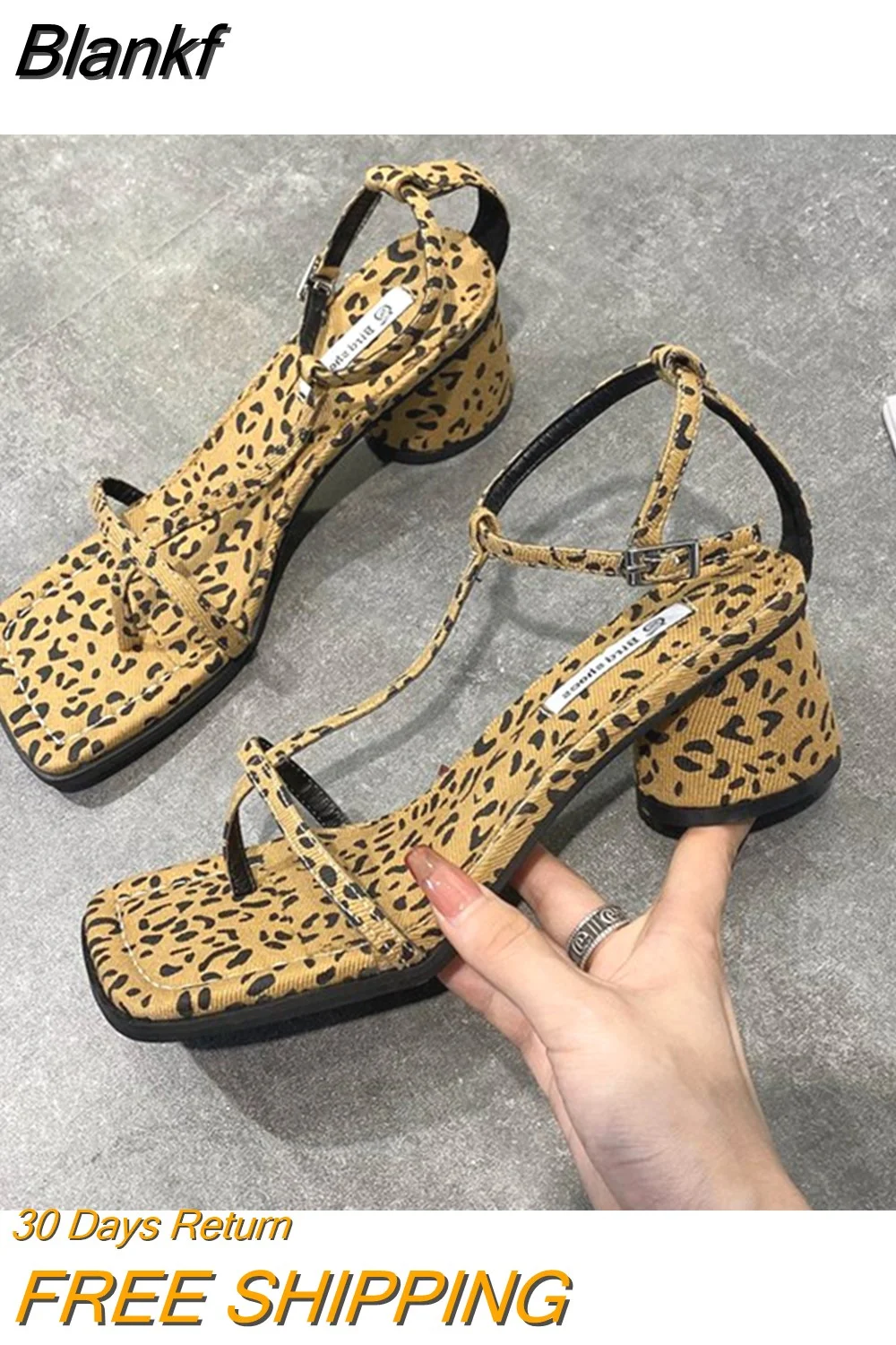 Blankf Women's Fairy Sandals2023Summer New French Style Vintage Leopard Print High Heels Women's Chunky Heel Flip Toe Roman Shoes