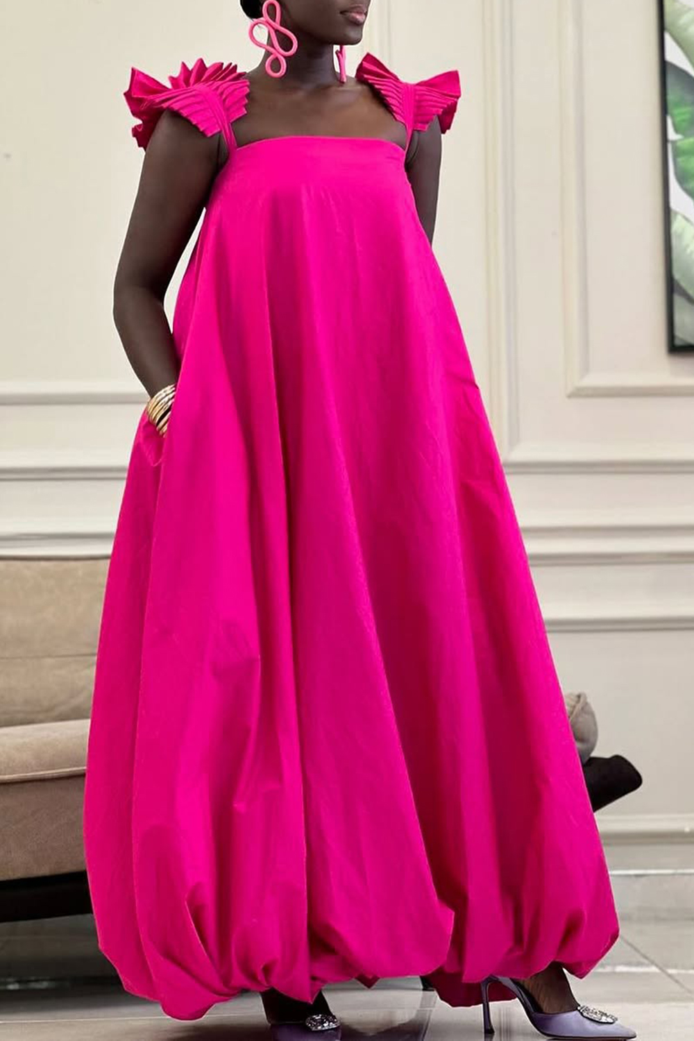 Produit : Plus Size Vacation Hot Pink Square Neck Sundress Pocket Maxi Dresses