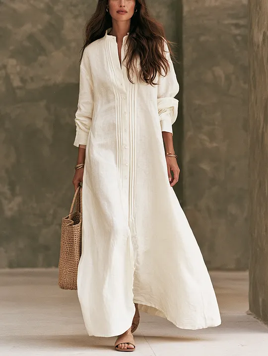 Women's Casual White Cotton-linen Long-sleeved Maxi Dress MD