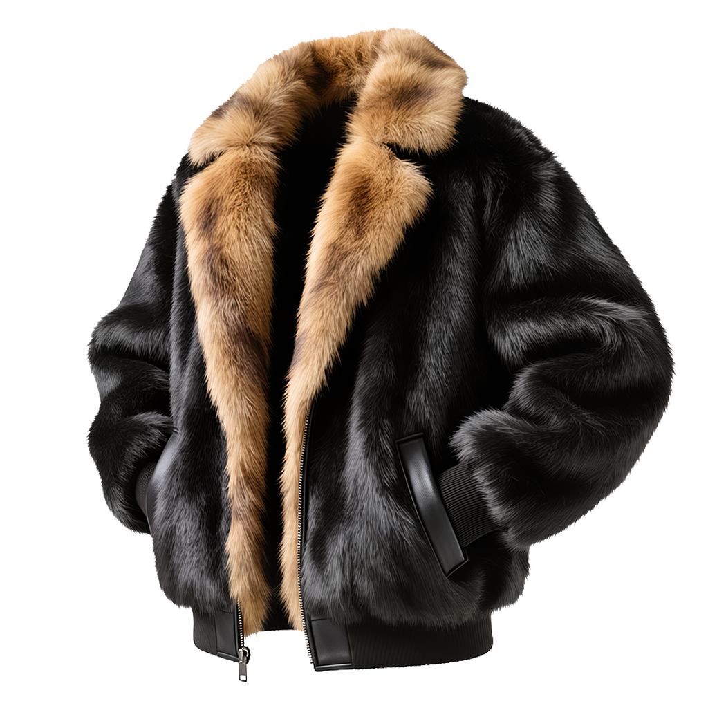 Men's Vintage Luxurious Black Fur Jacket With Brown Collar