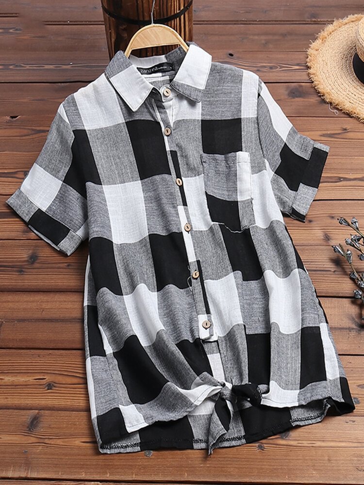 Vintage Plaid Print Short Sleeve Button Pocket Blouse P1524583