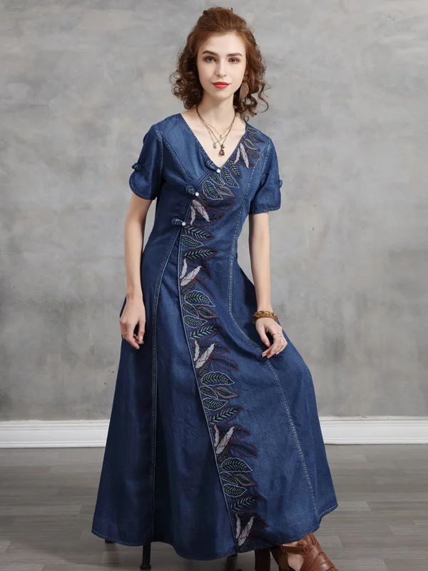 Original Asymmetric Embroidered Roomy Short Sleeves Midi Dress