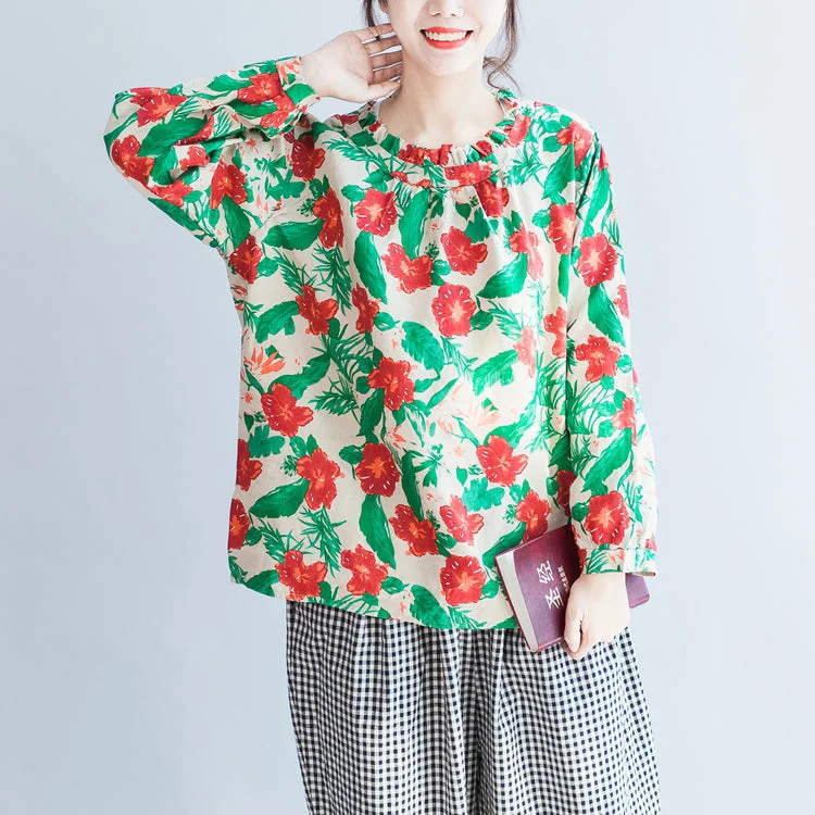 red green floral 2021 linen tops oversize vintage long sleeve t shirt