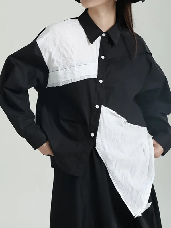 Cropped Long Sleeves Contrast Color Split-Joint Lapel Shirts Tops