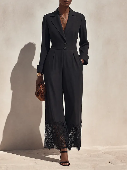 Women's Minimalist Long-Sleeve Wide-Leg Jumpsuit With Notch Lapel And Lace-Trimmed Hems MD
