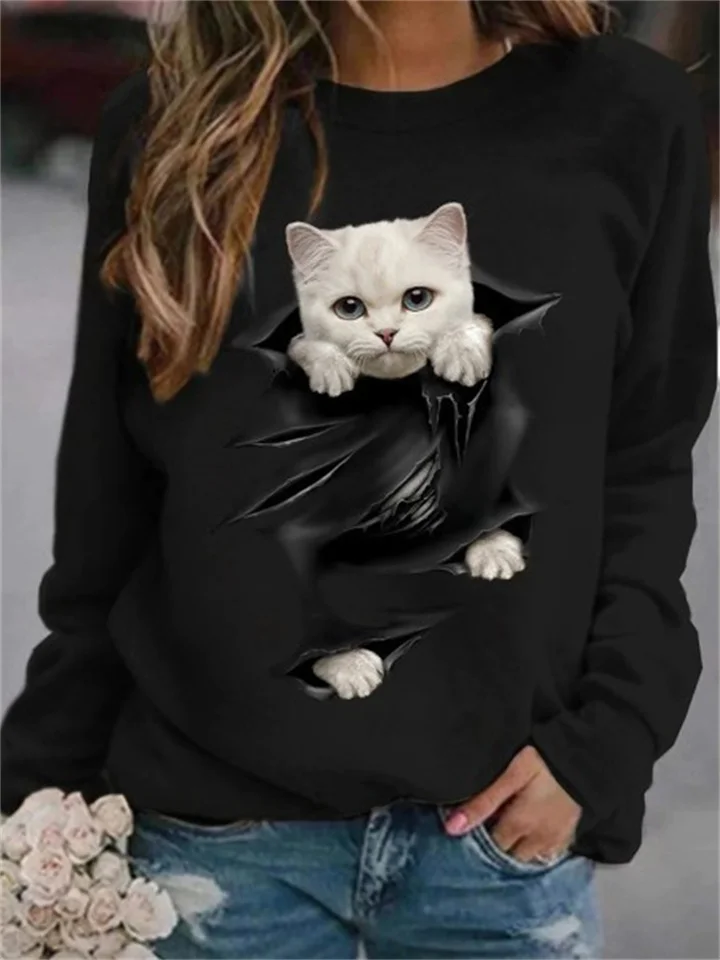 Women's Long Sleeve 3D Abstract Pattern Cat Round Neck T-Shirt Women's Tops