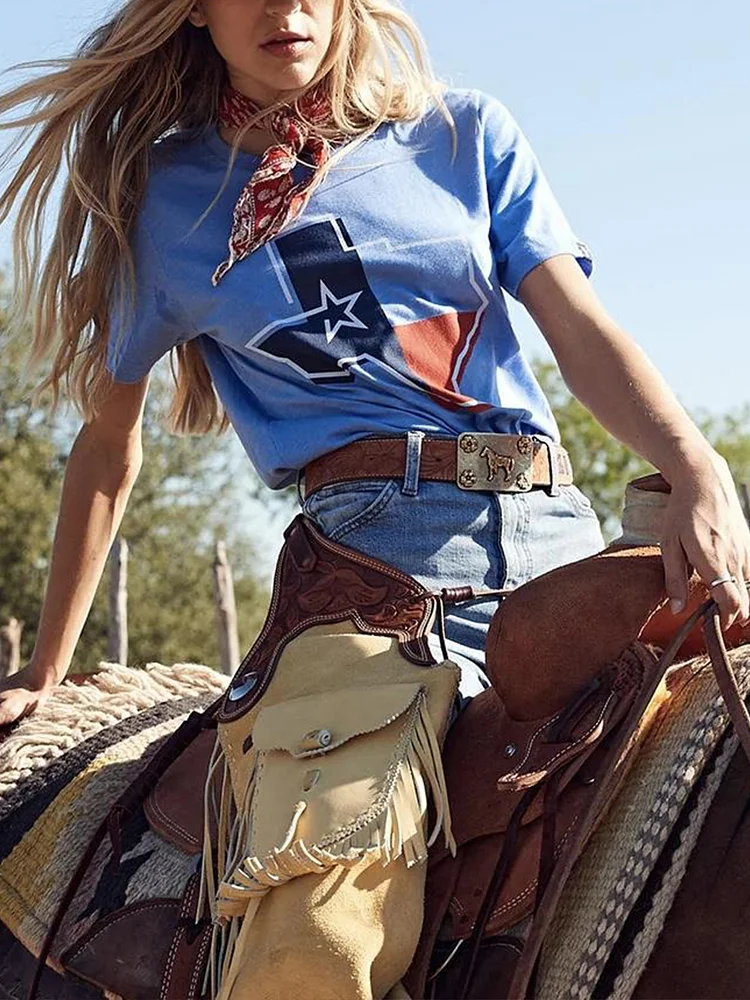 Retro Cowgirl Blue Print Short Sleeve T-Shirt