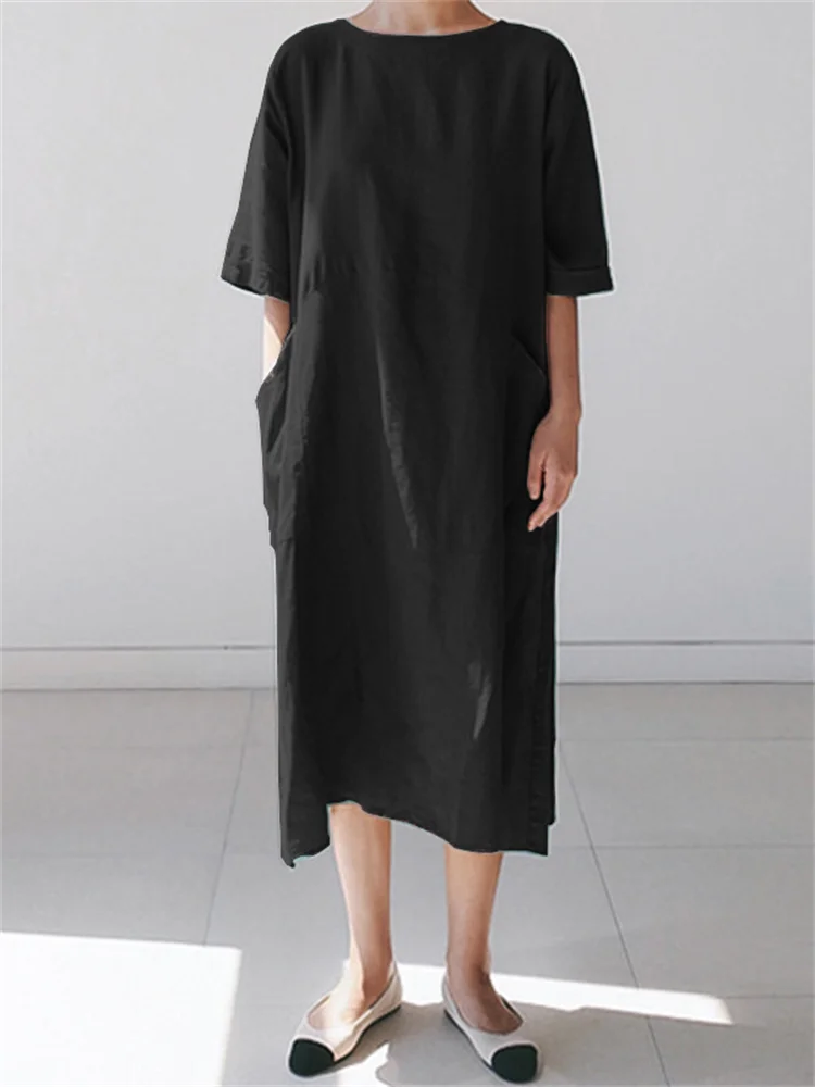Oversize Deep Pocket Button Accent Maxi Dress