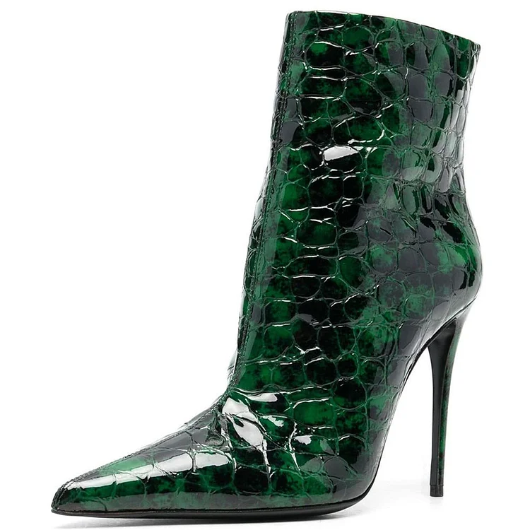 Green & Black Croco Embossed Pointy Toe Stiletto Heel Ankle Boots |FSJ Shoes