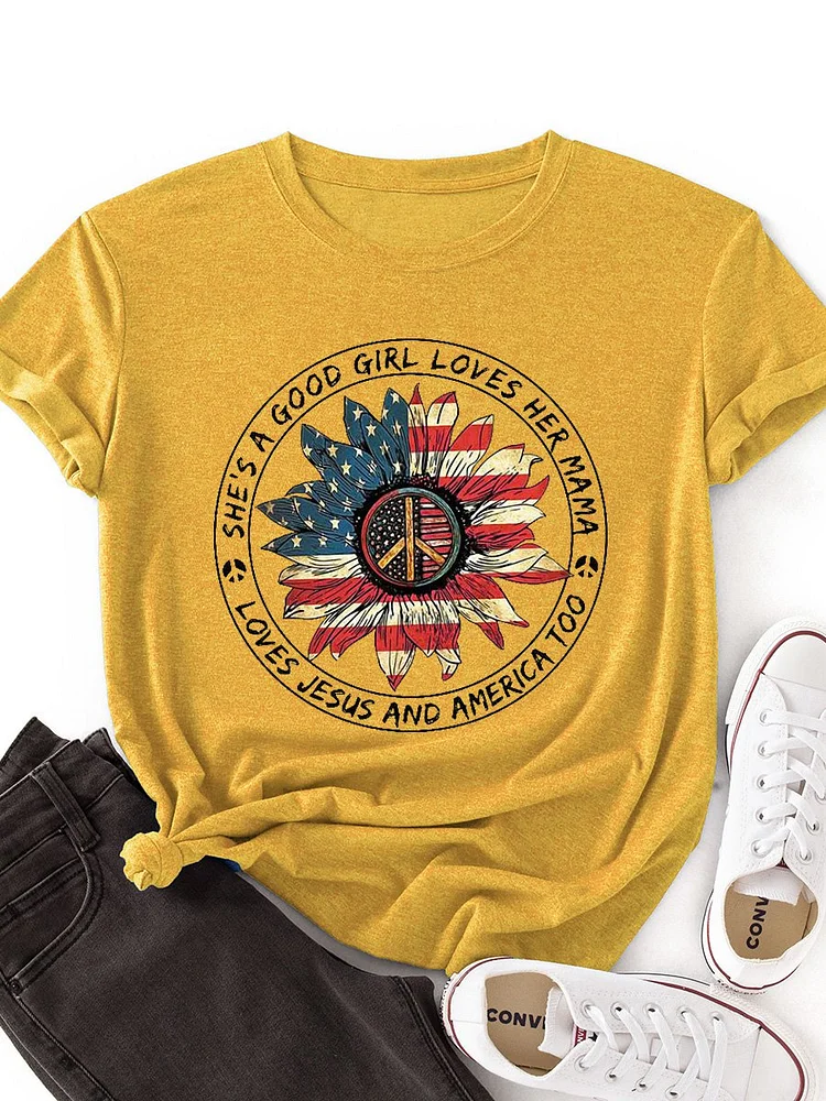 Bestdealfriday She's A Good Girl Loves Her Mama Loves Jesus And America Too American Flag Hobby And Peace Easter Sunflower Graphic Tee 11613436