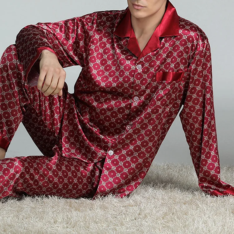 Men's Casual Geo Allover Pattern Sleepwear Shirt & Pants 2 Pcs Set