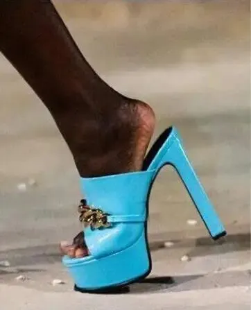 VCSHOES Black Green Orange Blue Patent Leather 14 Cm Platform Sandals Woman Peep Toe Gold Chains Buckle Pumps Shoes
