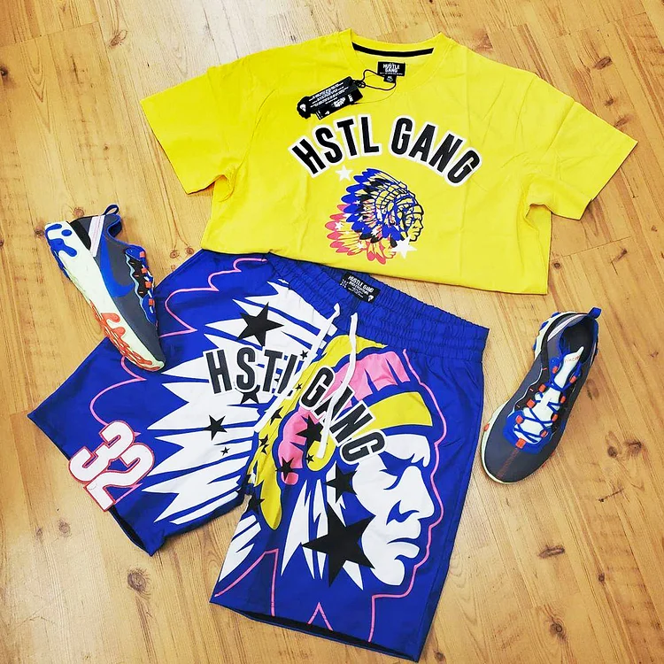 Yellow blue fashion casual hustle Gang printed short sleeve suit