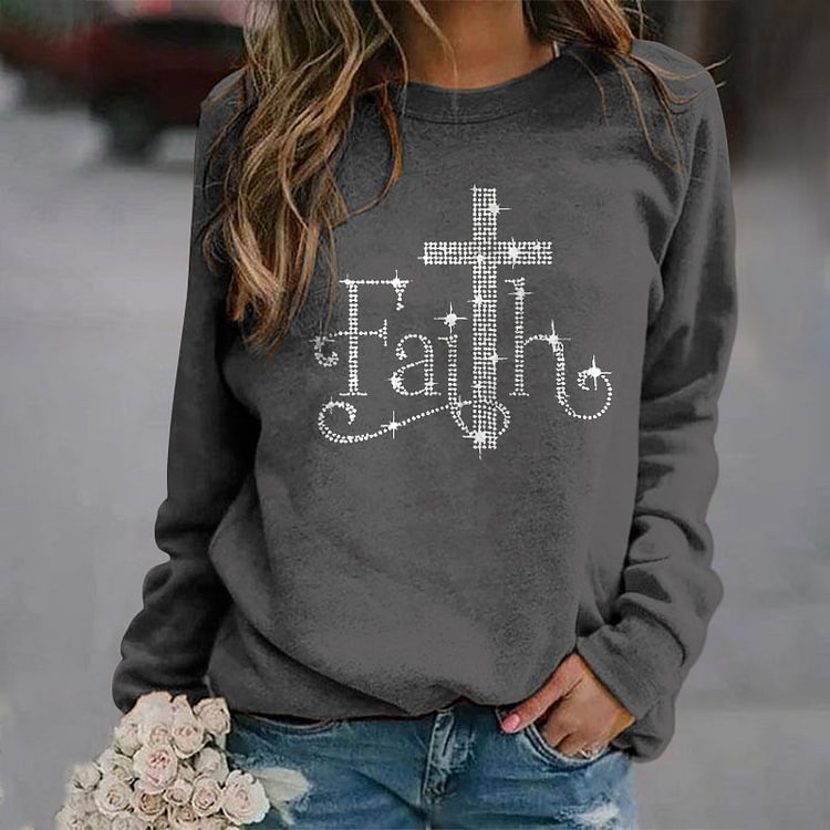 VChics Faith Printed Round Neck Long Sleeve Casual Sweatshirt
