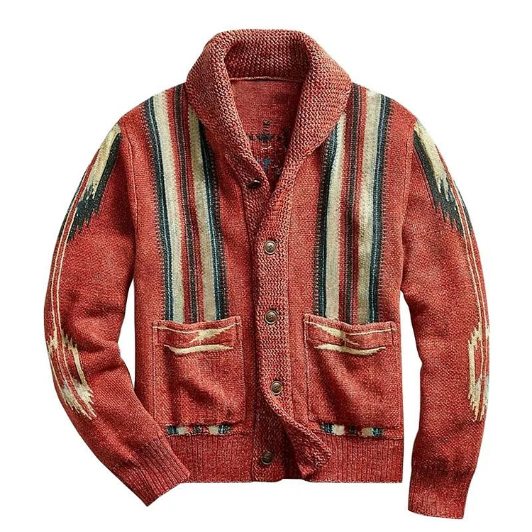 TIMSMEN Men'S Vintage Jacquard Lapel Long Sleeve Knit Cardigan